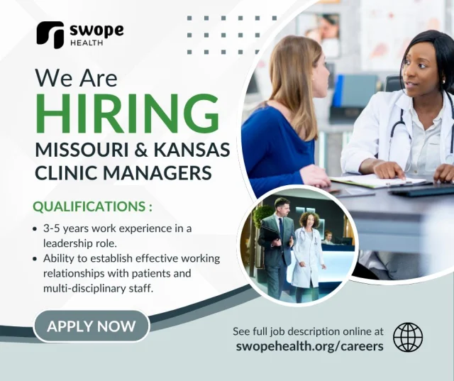 Do you want to join a dedicated team where your leadership and management skills make a real difference? At Swope Health, we’re committed to making care visible—delivering high-quality, compassionate healthcare that truly impacts and serves our community. If you embody these values and are ready to lead with purpose, we want to hear from you. Apply today at www.swopehealth.org/careers.